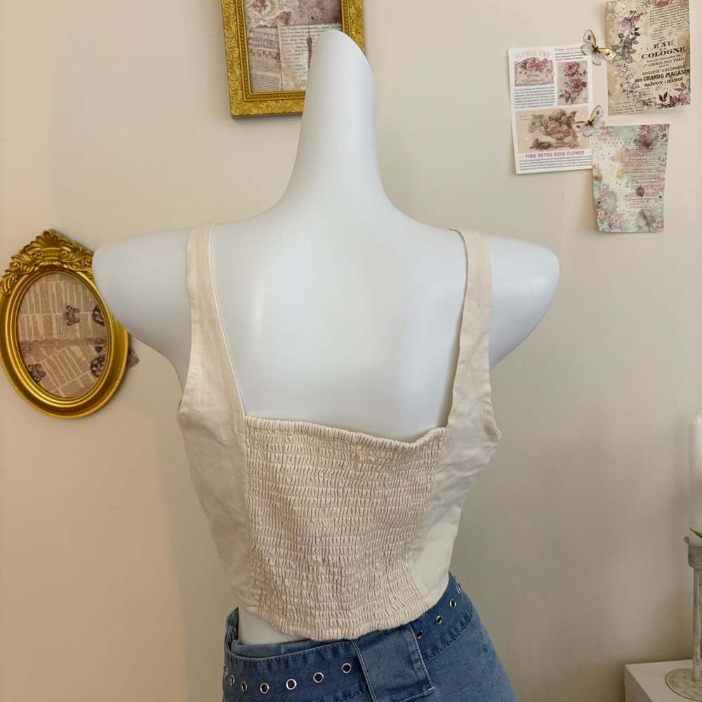 Lone Star Lace-Up Corset Top Size L Cream Cotton Square Neck Tank - Picture 2 of 6